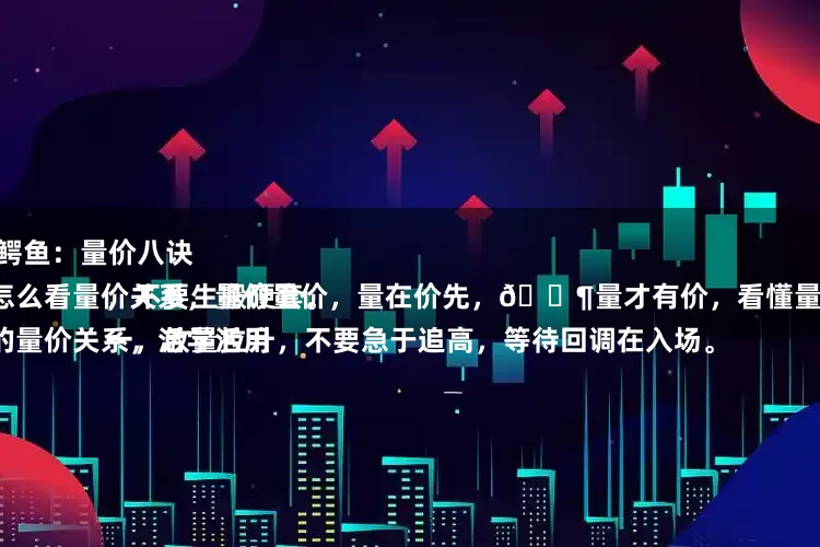 云上速配 小鳄鱼:量价八诀
炒股必须懂怎么看量价关系,量价量价,量在价先,🈶量才有价,看懂量才能把握价。
以下是常见的量价关系,活学活用,不要生搬硬套。
一,放量拉升,不要急于追高,等待回调在入场。